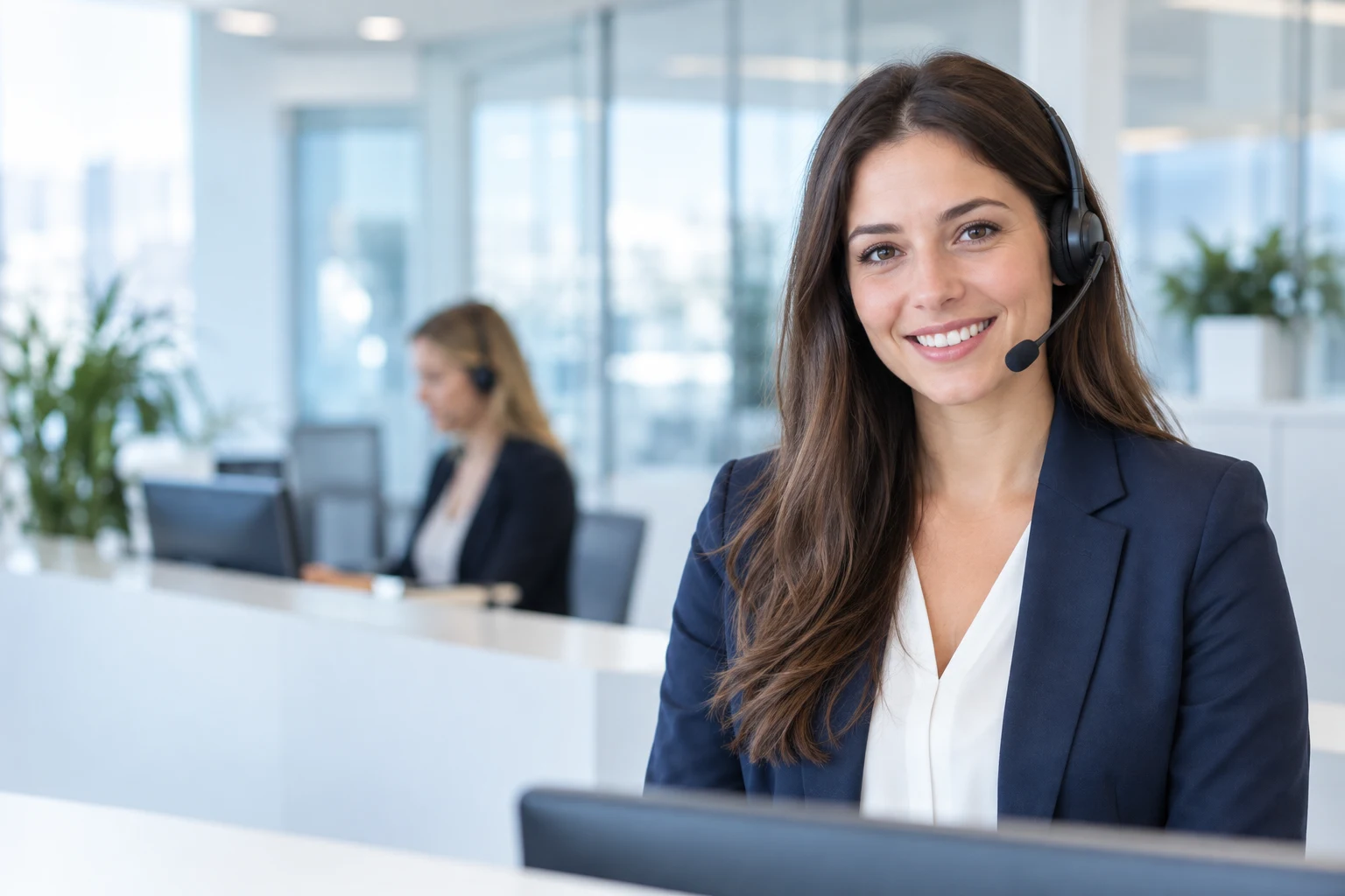 Illustrative customer-service representative wearing a headset in a modern office